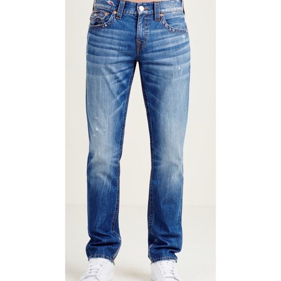 True Religion Skinny Flap Orange Stitch Jeans Mens 33 X 33 Red Distressed Thrash - Picture 4 of 16